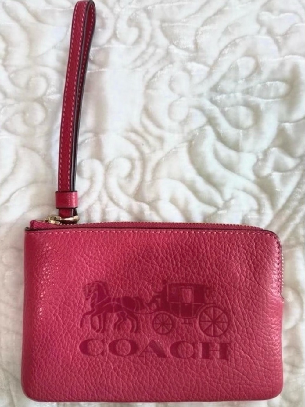 COACH Hot Pink Pebbled Leather Wristlet with Embossed Logo
